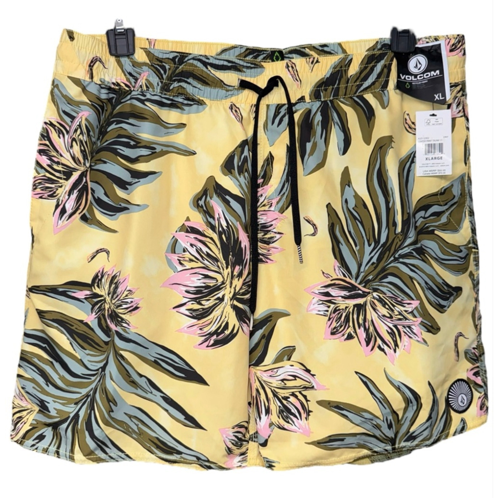 Volcom Mens XL Surf Board Shorts Swim‎ Trunks Dawn Yellow Elastic Waist NWT